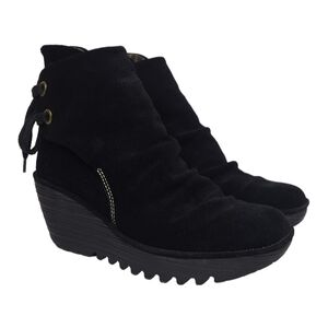 Fly London Yama Women's Black Suede Back Tie Up Heel Wedge Platforms Size 8